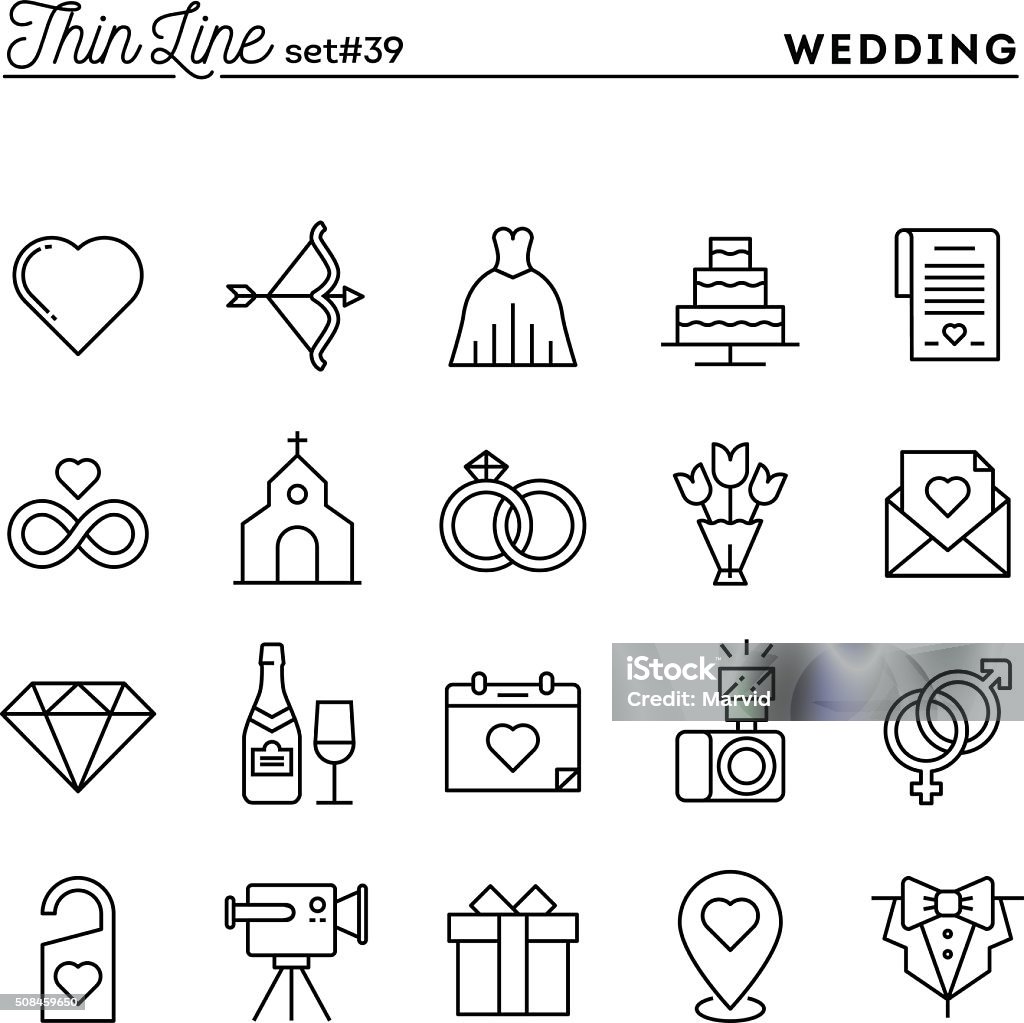 Wedding, bridal dress, event invitation, celebration party and more Wedding, bridal dress, event invitation, celebration party and more, thin line icons set, vector illustration Icon Symbol stock vector