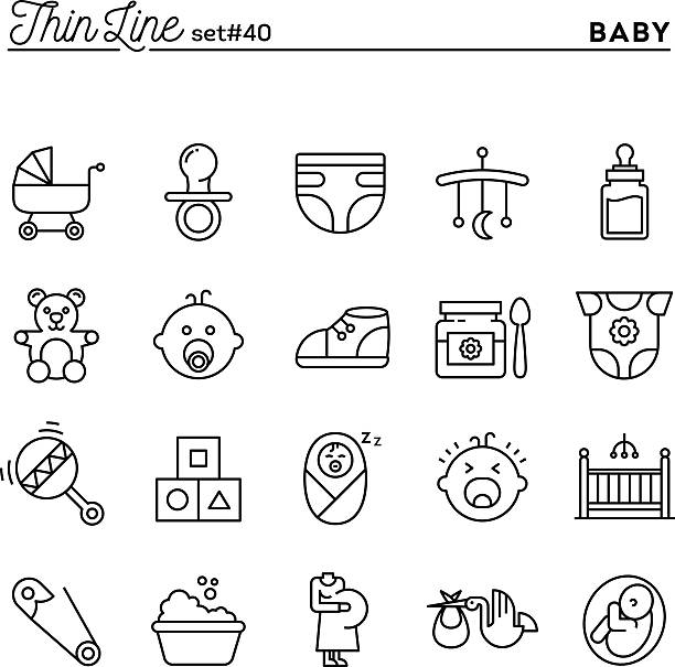 illustrazioni stock, clip art, cartoni animati e icone di tendenza di bambino, gravidanza e nascita, giocattoli e molto altro ancora, sottile linea icone impostare - baby vector bathtub child