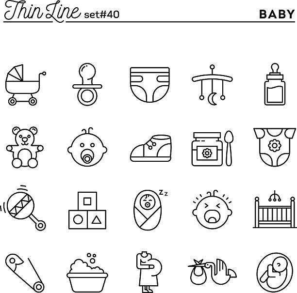 ilustrações de stock, clip art, desenhos animados e ícones de bebé, gravidez, parto, brinquedos e mais, conjunto de ícones de linha fina - passerine