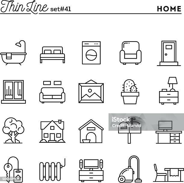 La Maison De Décoration De Notre Mobilier Et Plus Fine Ligne Icônes Ensemble Vecteurs libres de droits et plus d'images vectorielles de Icône