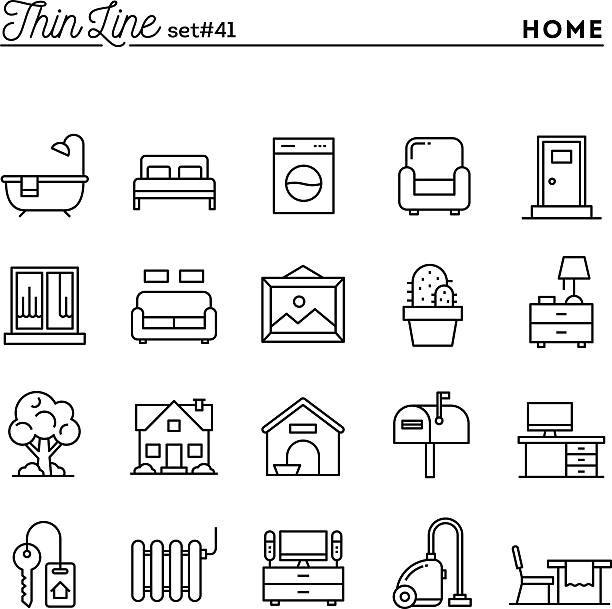 집, 인테리어, 가구 및 기타 여윔 꺾은선형 아이콘 세트 - picket fence fence picket front or back yard stock illustrations