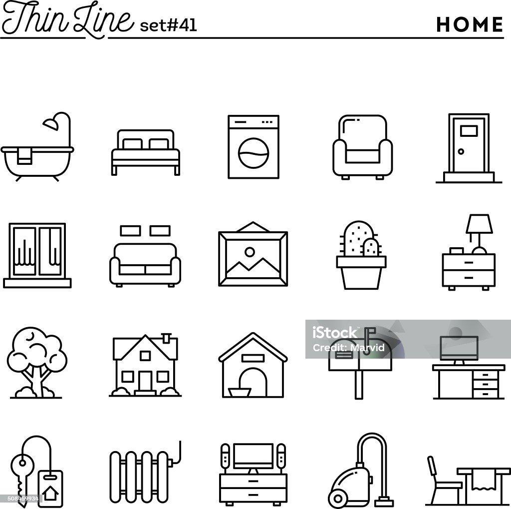 Home, interior, furniture and more, thin line icons set Home, interior, furniture and more, thin line icons set, vector illustration Icon Symbol stock vector