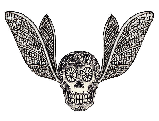 Skull wings tattoo. Art design skull head mix wings dragonfly for tattoo hand pencil drawing on paper. cartoon of painted skull faces stock illustrations