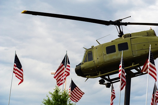 A military helicopter on display at the Fruita Vietnam War Memorial.