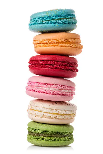 Photo of Close up colorful macaroons isolated on white.