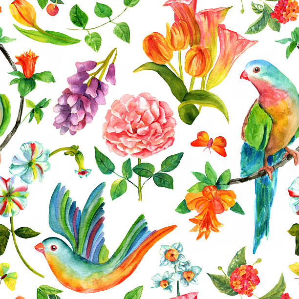 istock Abstract seamless watercolor background pattern with birds, flowers and butterflies 508461860
