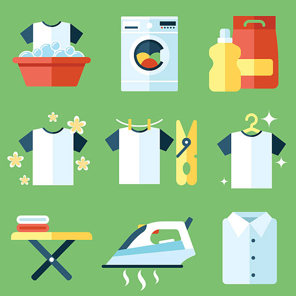 Washing icons Vector set of laundry, clothes washing and ironing icons. Flat style. iron laundry cleaning ironing board stock illustrations