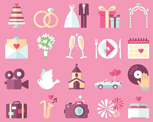 Wedding icons Big vector collection of wedding icons on pink background. Flat style. wedding cake stock illustrations