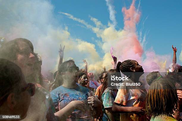 People Throw Color Bombs At Bubble Palooza Event Stock Photo - Download Image Now - Blue, Carefree, Colors