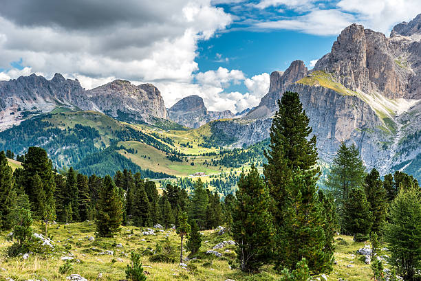 dolomitas, italia montañas de paso silla - corvara fotografías e imágenes de stock