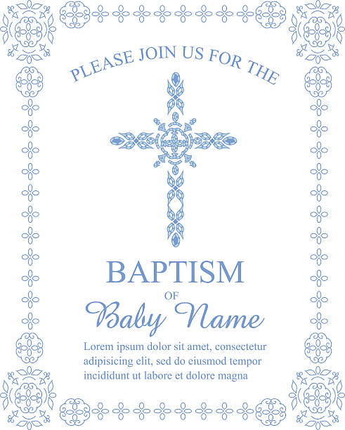 Baptism Invitation Template with Ornate Cross and Border Blue Baptism, Christening, First Communion, Confirmation Invitation Card Template featuring an Ornate Cross with matching border - vector file for easy customization christening stock illustrations