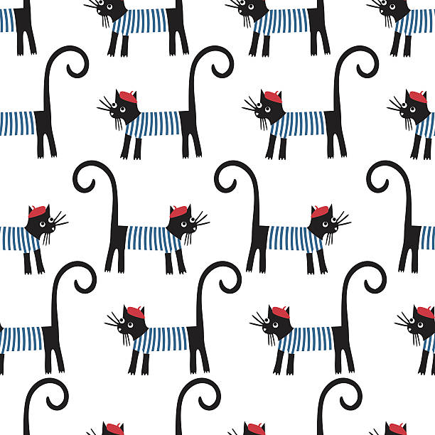 ilustrações, clipart, desenhos animados e ícones de francês gato padrão perfeito. gato bonito desenho de ilustração vetorial de paris. - comic book animal pets kitten