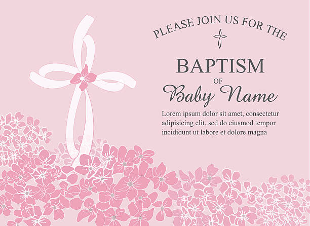 Baptism, Christening Invitation Template with Hydrangea Flowers and Cross Baptism, Christening Invitation Template with Hydrangea Flowers and Cross - Vector file for customizing an invitation or card for any religious occasion including First Holy Communion and Confirmation christening stock illustrations