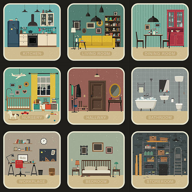 illustrations, cliparts, dessins animés et icônes de ensemble de l'intérieur. - wallpaper retro revival living room decor