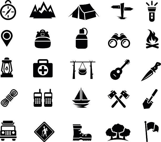 Camping, Outdoor Activity, Recreation, Icons Vector Illustration of Camping and Recreation Icons. Best for Travel, Adventure, Leisure, Icon Set, Signs and Symbols, Design Element concept.  radio silhouettes stock illustrations