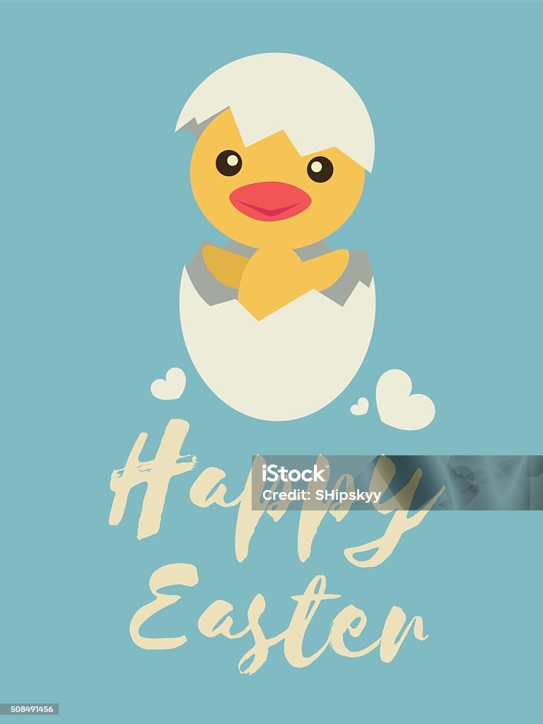 Happy Easter, and flying eggs with drawing hearts Little chick opens his egg and smile, Happy Easter wordsHappy Easter, and flying eggs with drawing hearts Abstract stock vector