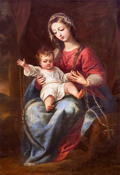 Granada - The Madonna (The Virgin of the Rosary) painting in church Monasterio de la Cartuja by unknown artist of 18. cent.