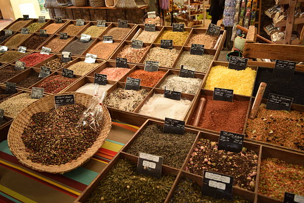 Variety of Spices in a Spice Market stock photo