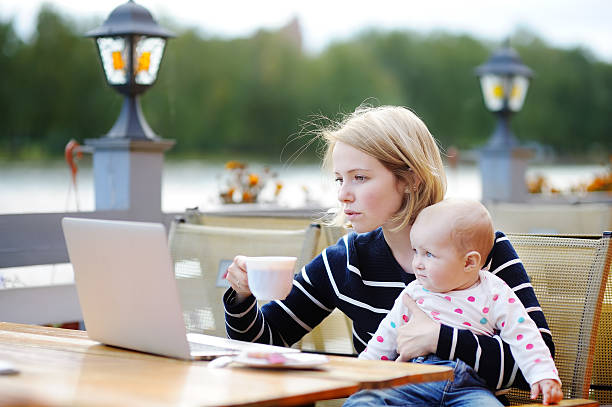 istock Young mother with her baby working or studying on laptop 508495082
