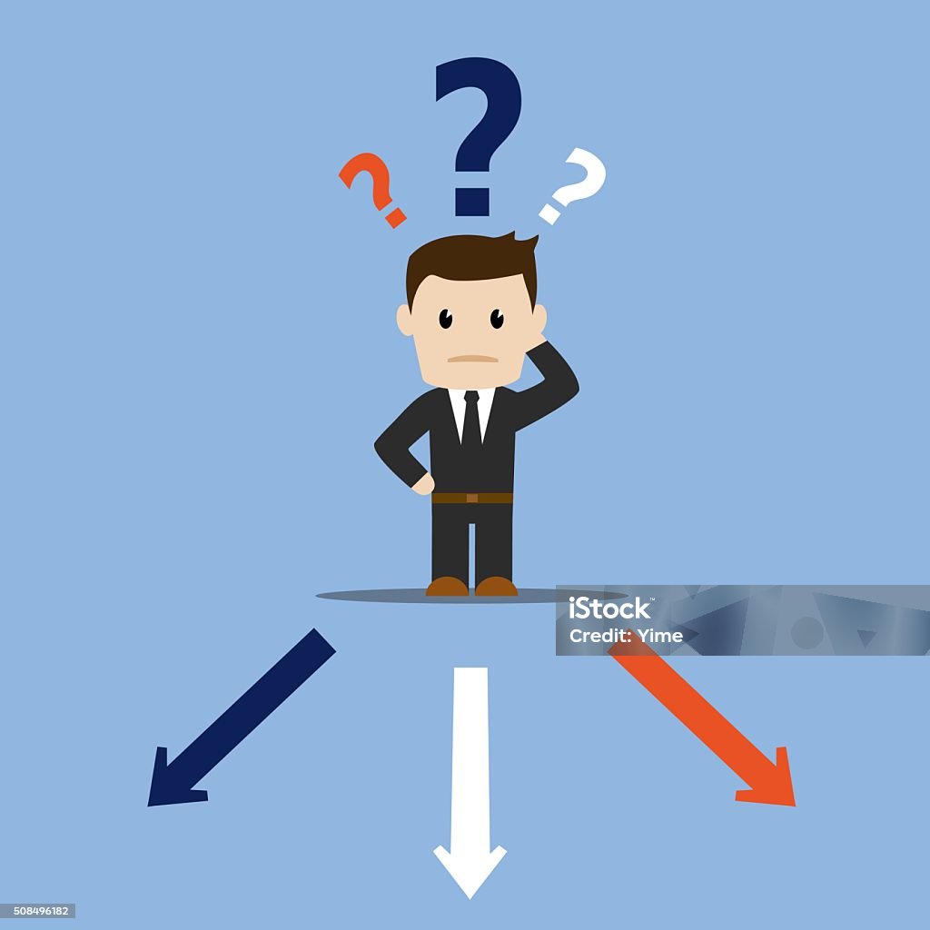 Business man decision Vector illustration of a cartoon business man with a difficult choice. Arrow Symbol stock vector