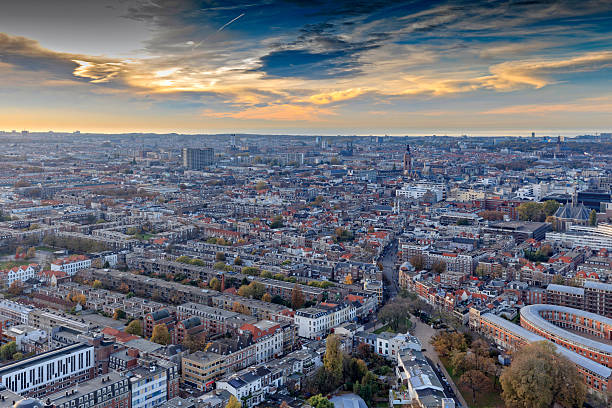 aerial view on The Hague's city centre at dusk stock photo