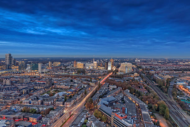 The Hague, Netherlands - November 3, 2015; aerial view on the city centre of The Hague with its characteristic town hall, modern ministries and office buildings at dusk