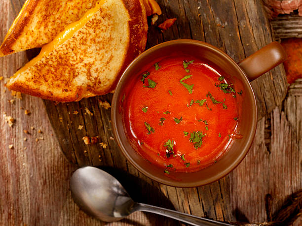 sopa de tomate con un sándwich de queso a la parrilla - sopa de tomate fotografías e imágenes de stock