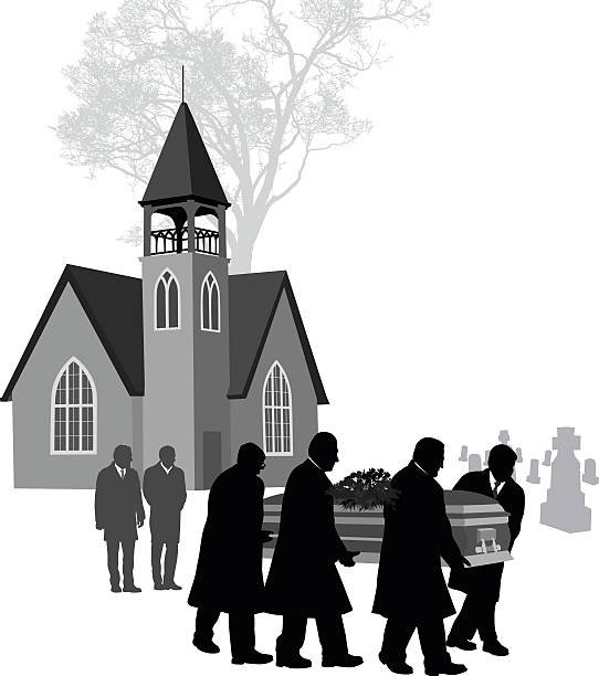 Small Church Funeral A vector silhouette illustration of pall bearers carrying the coffin of a deceased loved one past a church and on lookers, through a cemetary. funeral procession stock illustrations