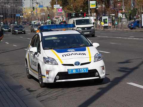 Kiev Ukraine - September 19 2015: Ukrainian police patrol car on the street Khreshchatyk