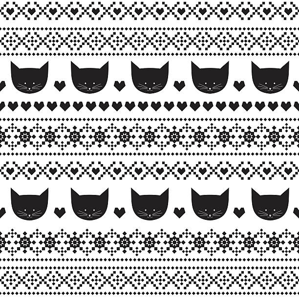 ilustrações de stock, clip art, desenhos animados e ícones de preto e branco motivo homogéneo com gatos. escandinava camisola estilo. - christmas cardigan woven pattern