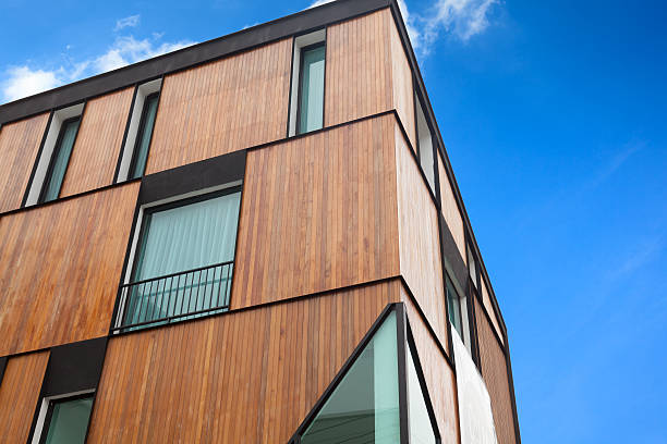 Modern apartment house with wood facade