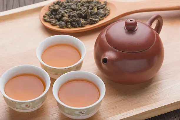 Chinese tea set on wooden, closeup