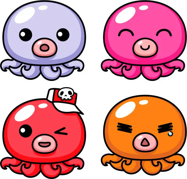 Vector illustration of squid and Octopus Cute Cartoon