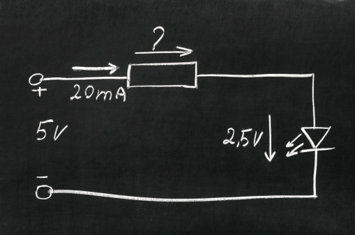 On blackboard painted with chalk electrical scheme. Calculate the resistor.