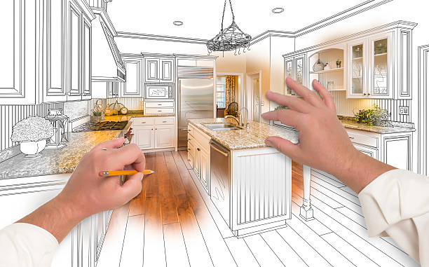 istock Male Hands Sketching Custom Kitchen with Photo Showing Through 508513916