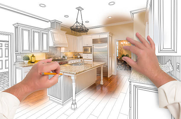 istock Male Hands Sketching Custom Kitchen with Photo Showing Through 508513954
