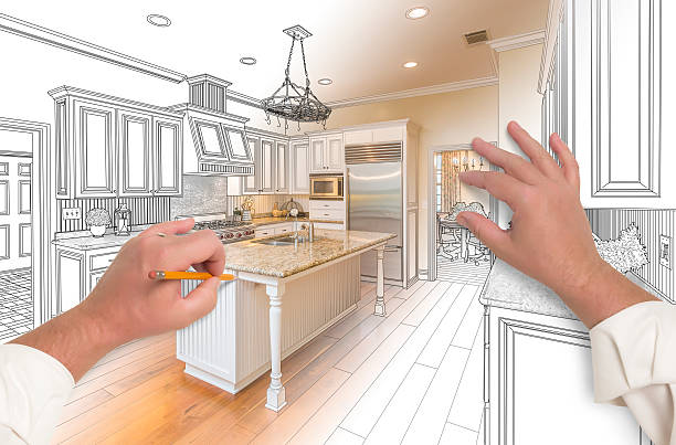 istock Male Hands Sketching Custom Kitchen with Photo Showing Through 508513960