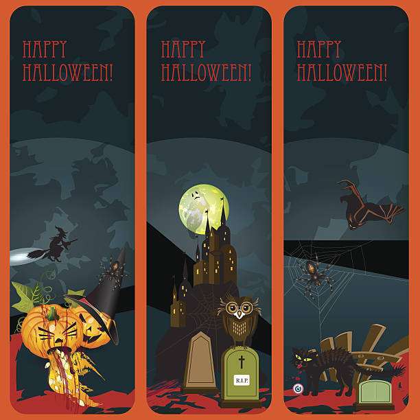 Halloween night banners set Scary halloween night banners set. File saved in EPS 10 format and contains blend, and transparency effect. throwing up pumpkin stock illustrations