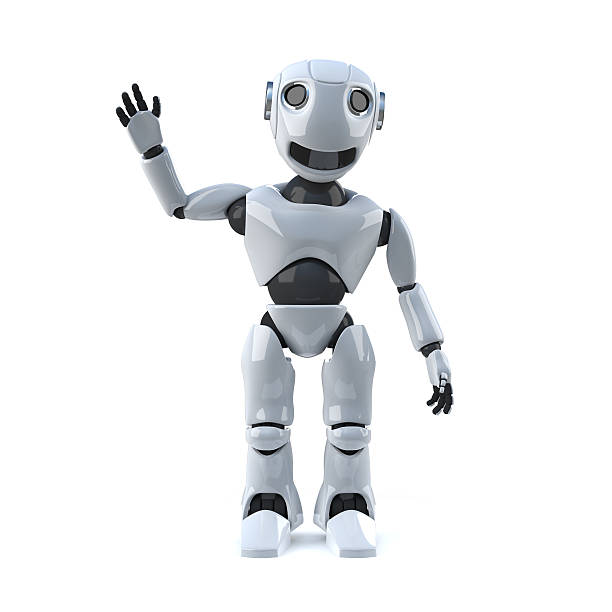 3d render of a robot waving his hand in the air.