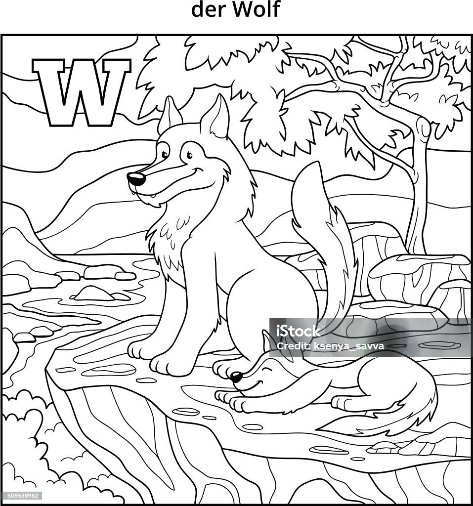 German alphabet, letter W (wolf and background) German alphabet, vector illustration (letter W). Colorless image (wolf and background) Activity stock vector