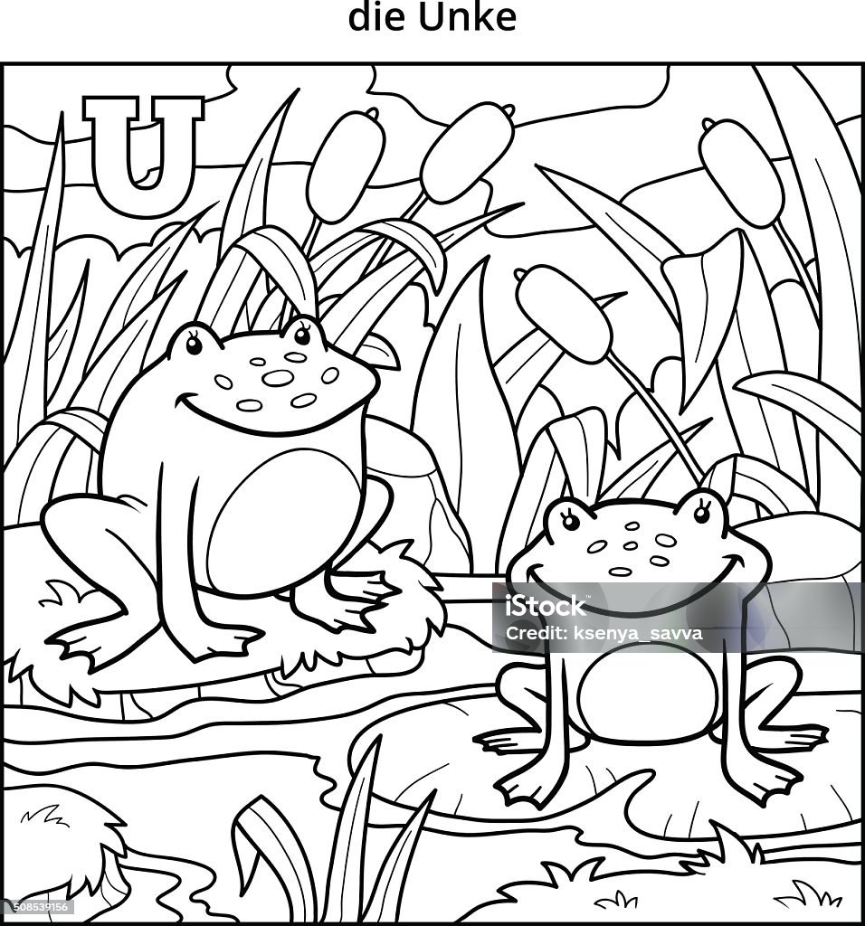 German alphabet, letter U (frogs and background) German alphabet, vector illustration (letter U). Colorless image (frogs and background) Activity stock vector