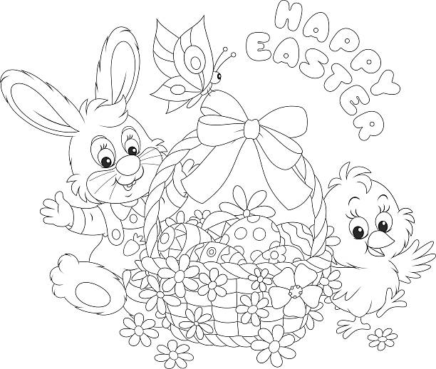 Easter card with Bunny and Chick A little rabbit and a chicken with a happy Easter greeting, a decorated basket with a butterfly, painted eggs and flowers hare and leveret stock illustrations