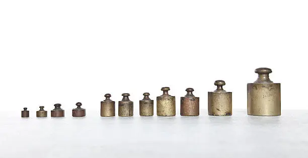 Old metal weights in row with space for your logo or text