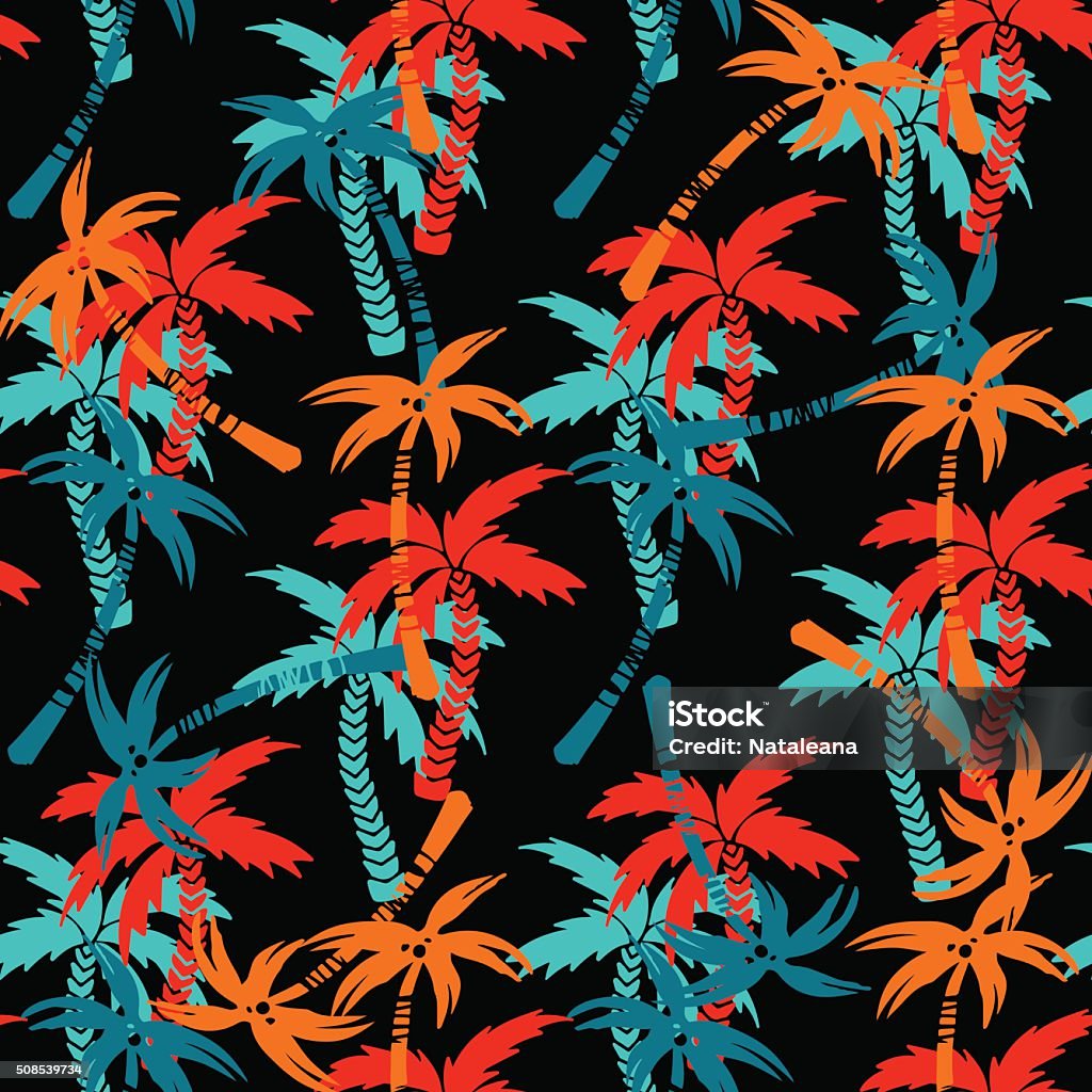 Seamless pattern with palm trees Tropical seamless colorful chaotic pattern with coconut palm trees. Cloth design. Wallpaper - vector artwork Backgrounds stock vector