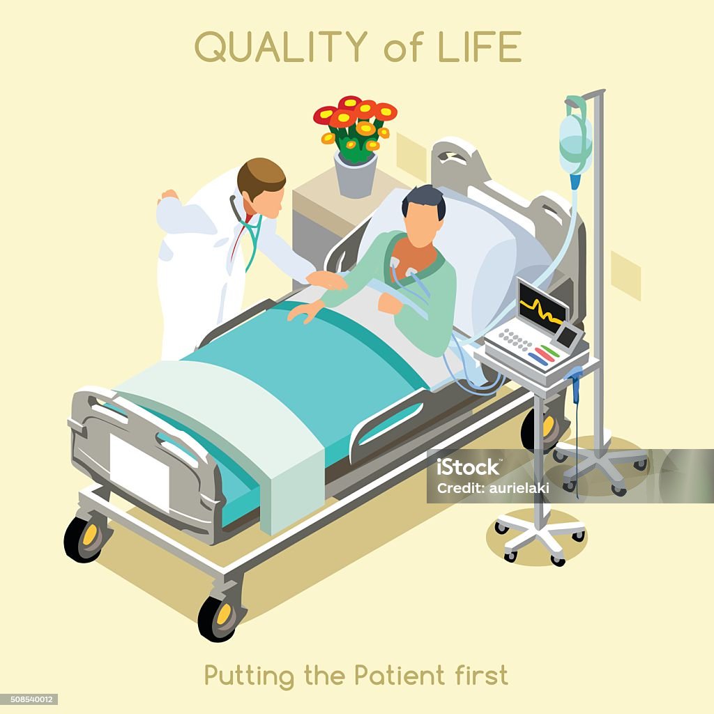 Patient Visit 01 People Isometric medical visit young female patient bed and doctor interior hospital clinic room in 3d isometric isometry flat design. Creative people collection Hospital stock vector