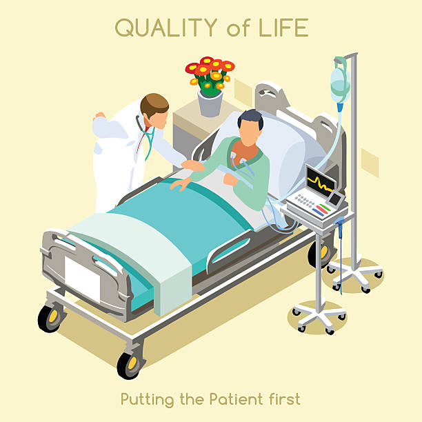 Patient Visit 01 People Isometric medical visit young female patient bed and doctor interior hospital clinic room in 3d isometric isometry flat design. Creative people collection patience stock illustrations