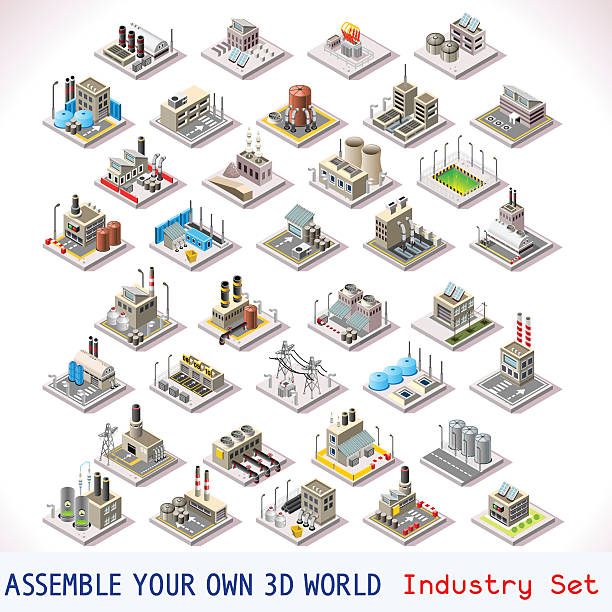 Game Set 05 Building Isometric Vector isometric buildings. Industrial Factory Set. Flat 3D Urban City Map Isolated Elements Isometry Isometric Infographic Game Tiles MEGA Collection isometric factory stock illustrations