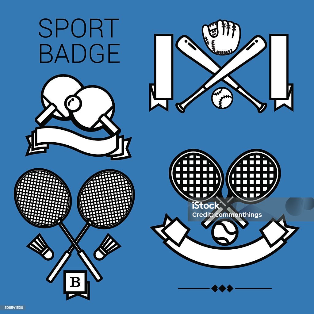 SPORT BADGE 4 popular sport emblems, tennis, table tennis, badminton and baseball in black and white style on the blue background. Baseball - Ball stock vector