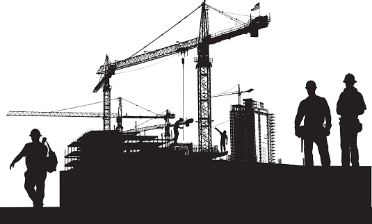 A vector silhouette illustration of a city construction site with crane over top of budding sky scrapers. A construction workers pose wearing a hard hat and tool belt in the foreground.
