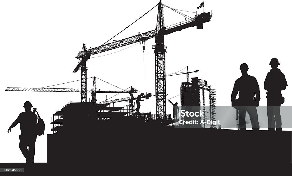 Large Scale Construction Work A vector silhouette illustration of a city construction site with crane over top of budding sky scrapers. A construction workers pose wearing a hard hat and tool belt in the foreground. In Silhouette stock vector